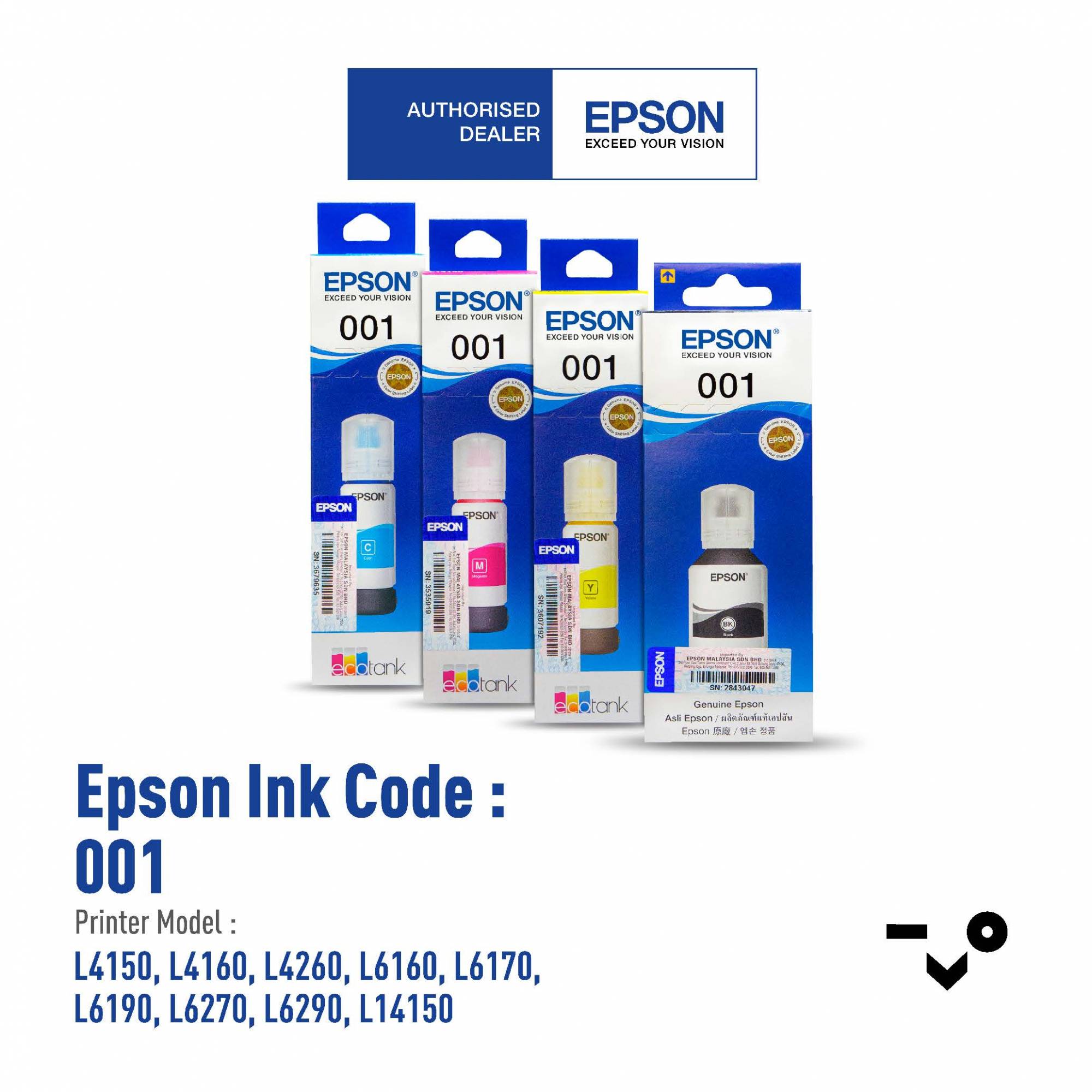 Epson Ink Bottle 001 (Y100/Y200/Y300/Y400) Black/Cyan/Magenta/Yellow